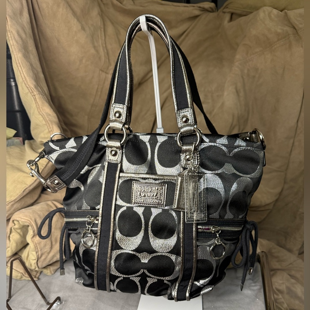 Coach Poppy Black & Silver Metallic Leather & Lurex Tote F14434 NWT